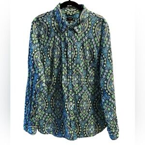 Talbots Long Sleeve Button Down Blue and Green Patterned Shirt